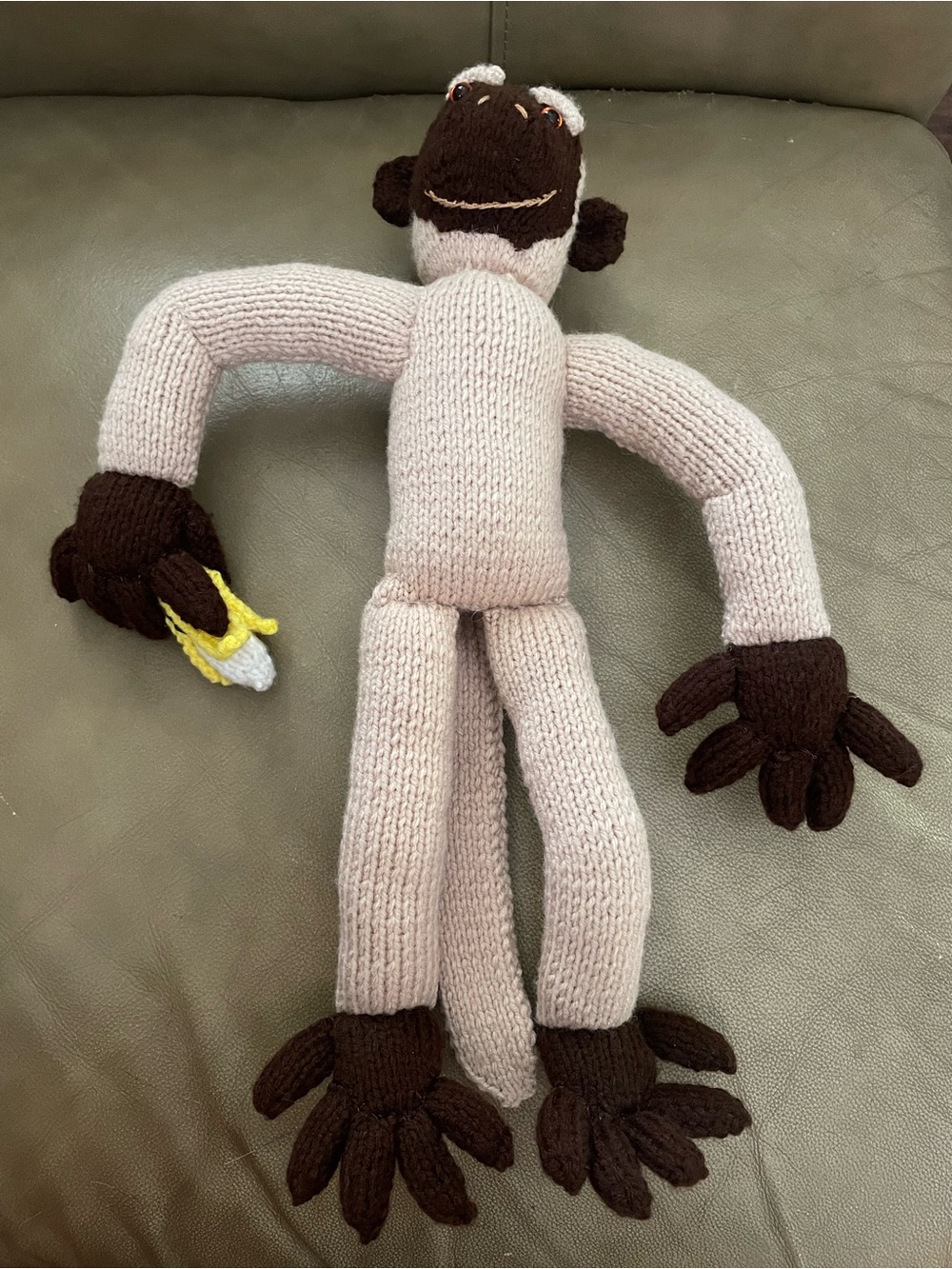 Vintage Stuffed Monkey Holding Banana Handmade Beige Brown Knitted 16.5”